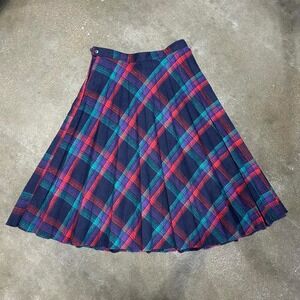 Vintage 90s Plaid Red Blue Pleated‎ Midi Skirt Women's Small 13/14